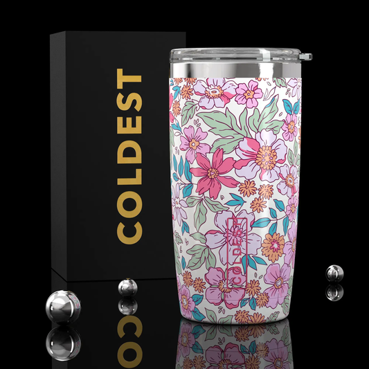 Coldest 20 oz tumbler with stainless steel body and clear lid, floral wrap design on Tampa Home & Garden Store