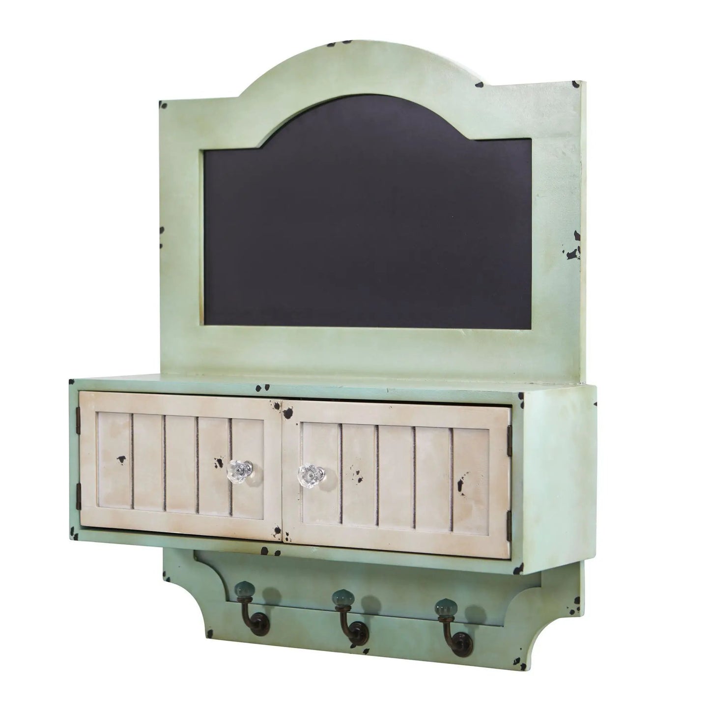 Vintage chalkboard wall organizer in sage-green distressed wood with doors and four metal hooks on Tampa Home & Garden Store