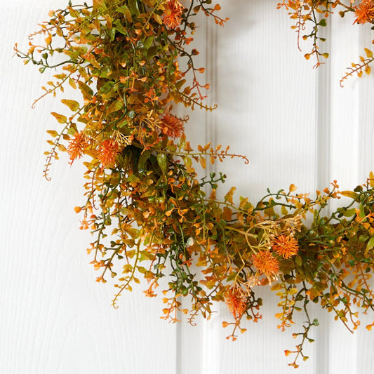 Autumn Fern Artificial Wreath 21 Inch with orange, green leaves by Nearly Natural on Tampa Home & Garden Store