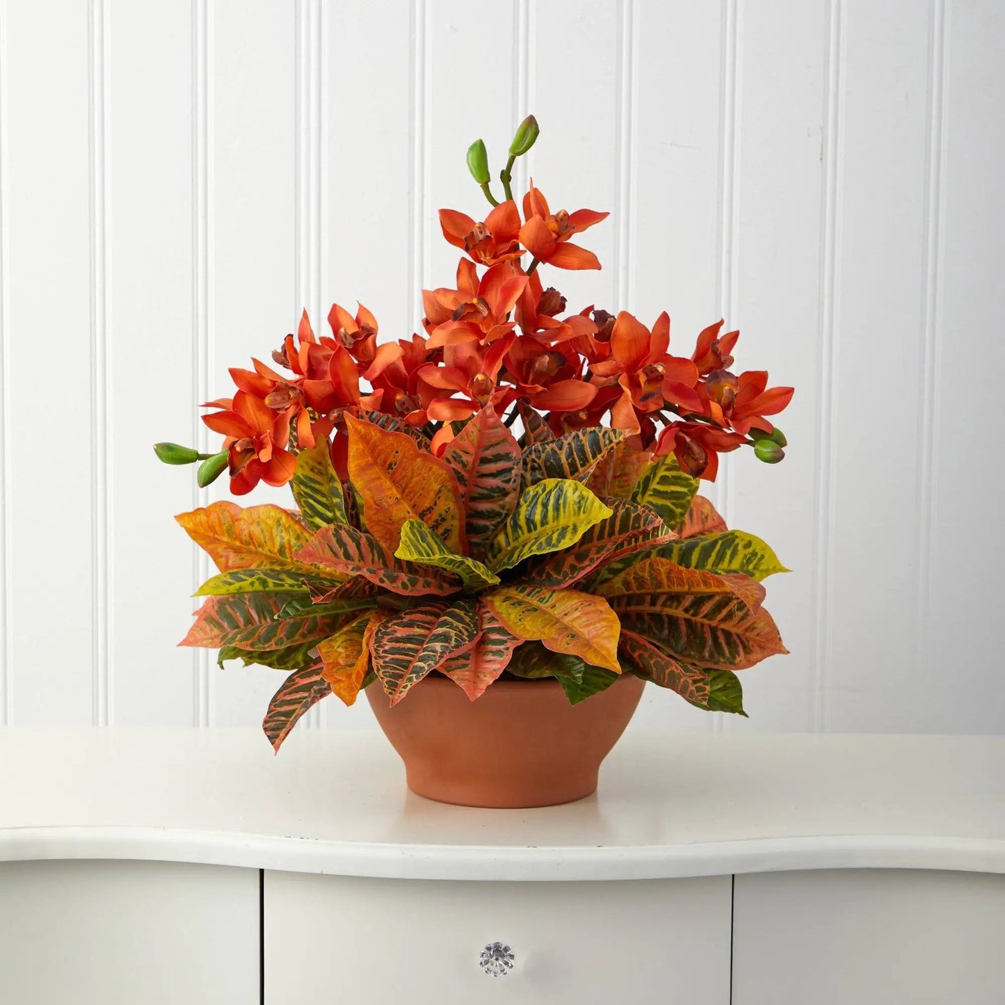 21” Cymbidium Orchid and Croton Artificial Arrangement in Terra Cotta Vase - Tampa Home & Garden Store