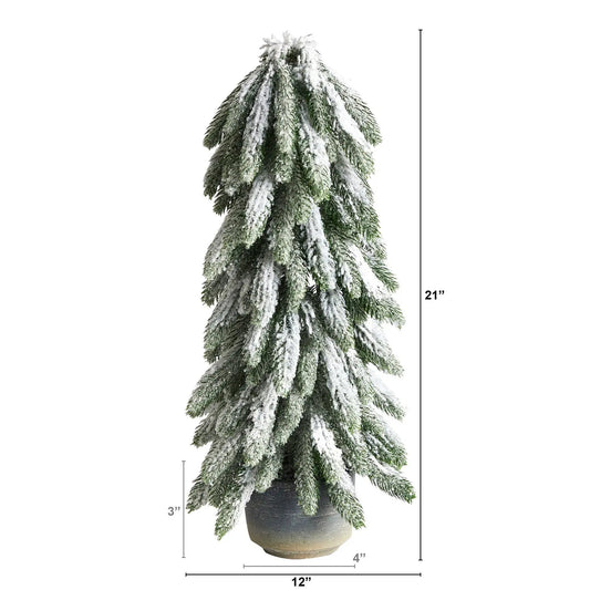 21 inch flocked desktop Christmas tree in planter with snowy green branches Nearly Natural on Tampa Home & Garden Store