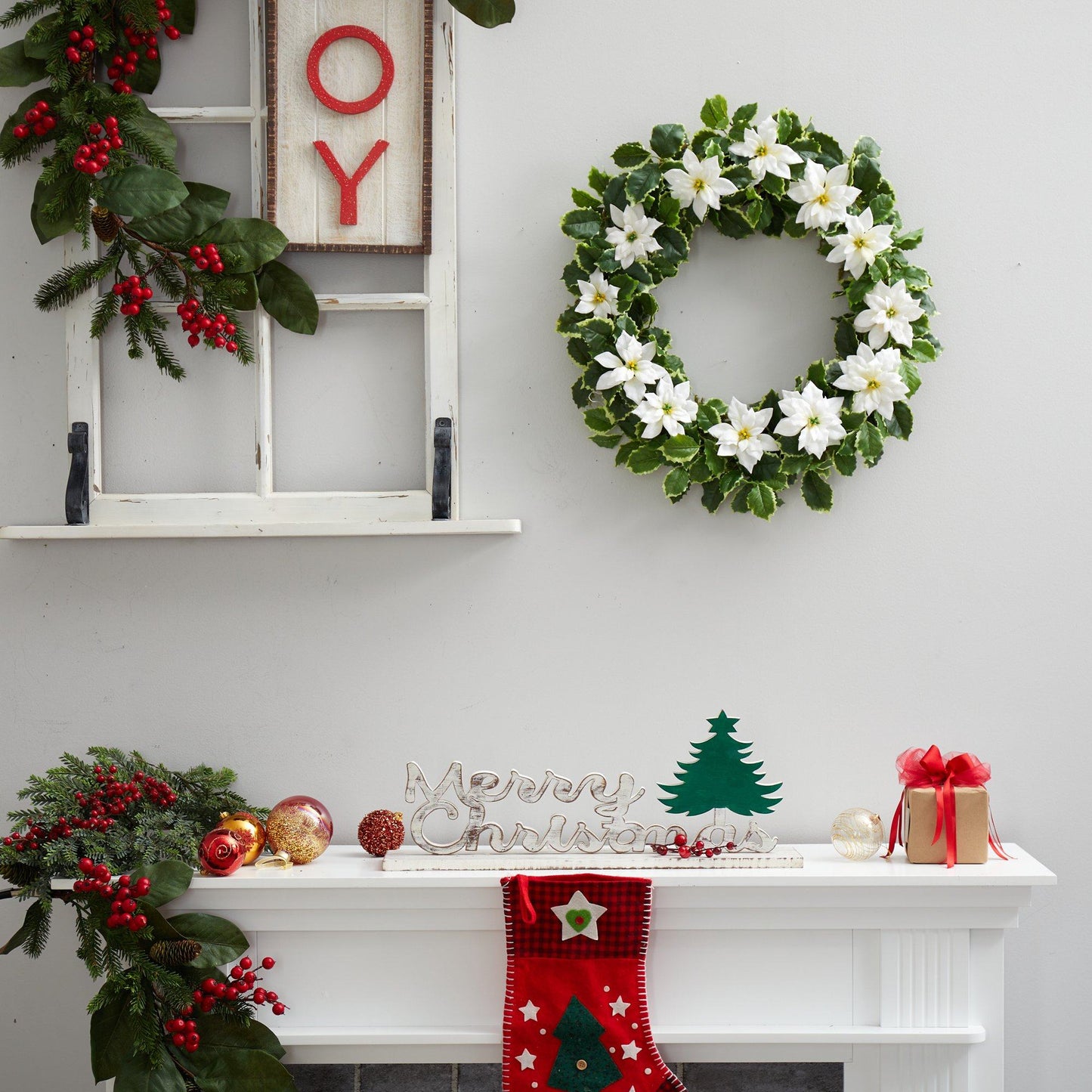 21” Poinsettia and Variegated Holly Artificial Christmas Wreath - Tampa Home & Garden Store
