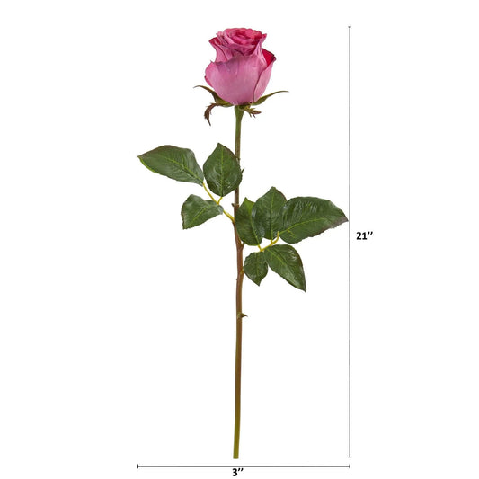 Nearly Natural pink rose bud artificial flower stem with green leaves 21-inch tall on Tampa Home & Garden Store