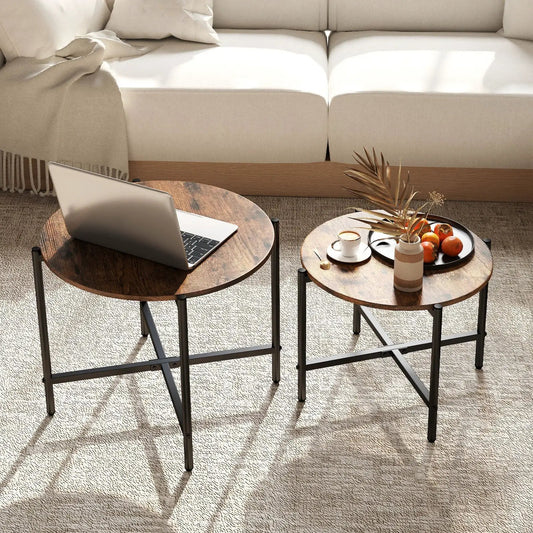 Round coffee tables set of 2 with dark wood tops and black metal frames in living room on Tampa Home & Garden Store