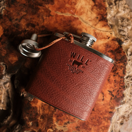 Leather and stainless steel flask with leather sleeve and cap by Will Leather Goods on Tampa Home & Garden Store