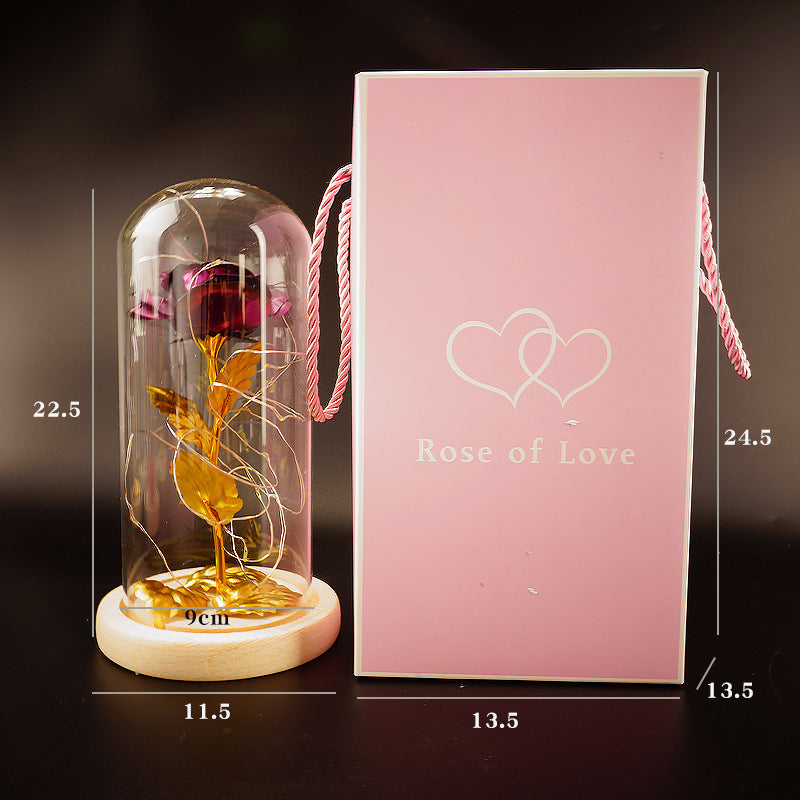 Gold foil rose preserved flower under glass dome with wooden base pink box by Sell My Stuff on Tampa Home & Garden Store