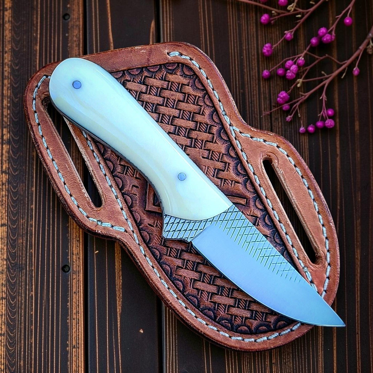 The Calamity Jane farrier rasp steel ranch knife with bone handle and blue leather sheath on Tampa Home & Garden Store