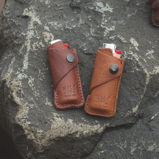 Full grain leather lighter cover by Will Leather Goods, brown pair with red lighters on Tampa Home & Garden Store