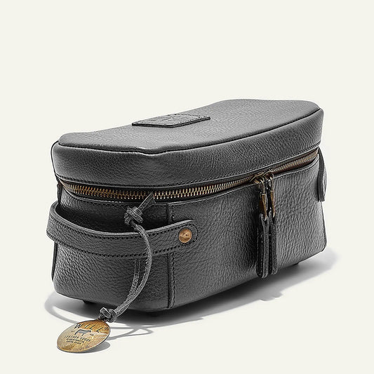 Desmond Travel Kit leather toiletry bag by Will Leather Goods in black with brass zipper on Tampa Home & Garden Store