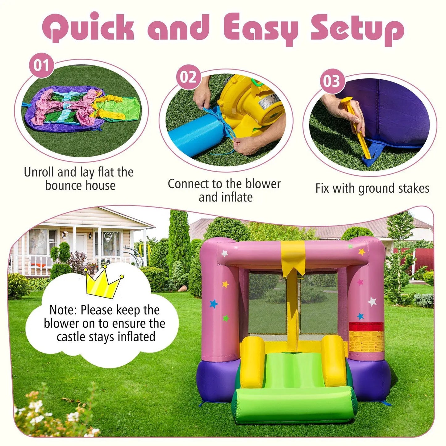 Bouncy Castle with Jumping Area pink inflatable with rainbow slide and 480W blower DirectDeals on Tampa Home & Garden Store