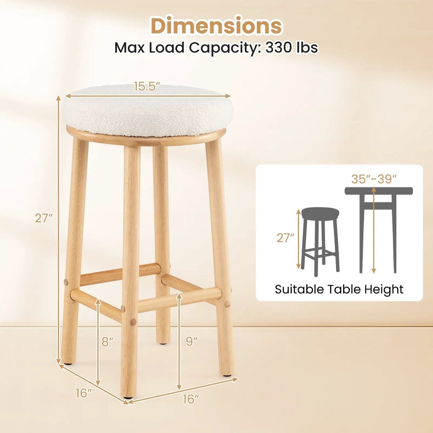 27-inch bar stools set of 2 with boucle white upholstered seats and wooden legs on Tampa Home & Garden Store