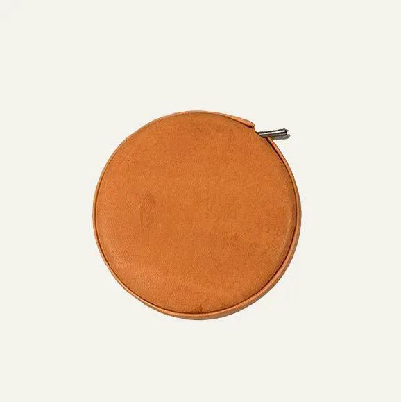 Classic Leather Tape Measure case, round tan full-grain leather with zip pull on Tampa Home & Garden Store