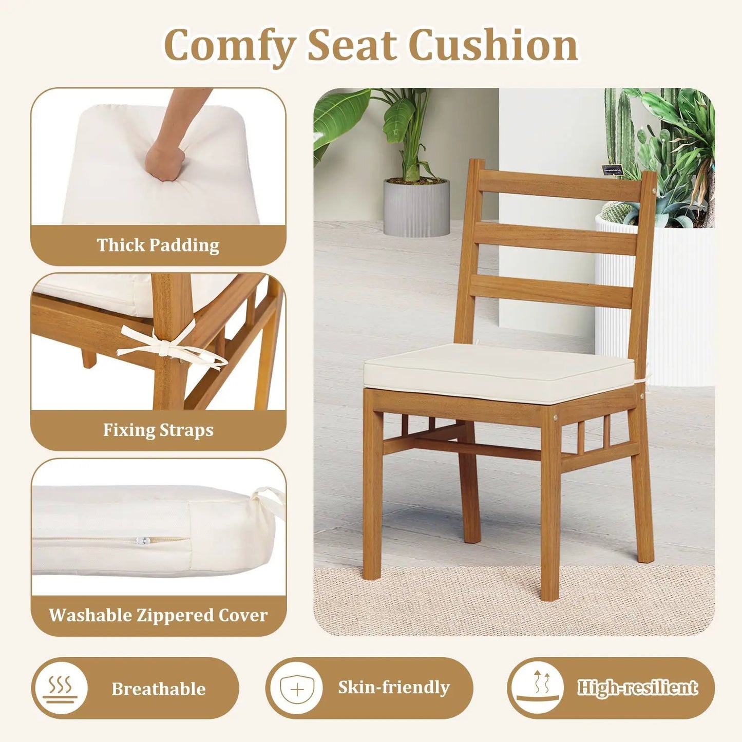 Outdoor wooden dining chairs set of 4 with white padded cushions on natural wood frames on Tampa Home & Garden Store