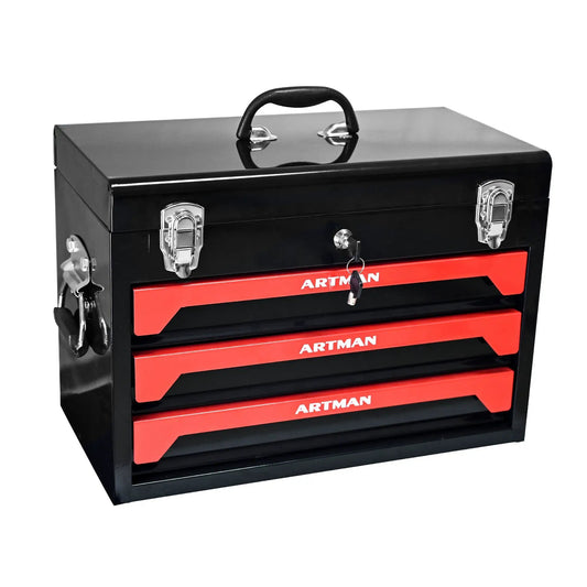 Black steel 3-drawer tool box with red drawer fronts and ARTMAN branding on Tampa Home & Garden Store