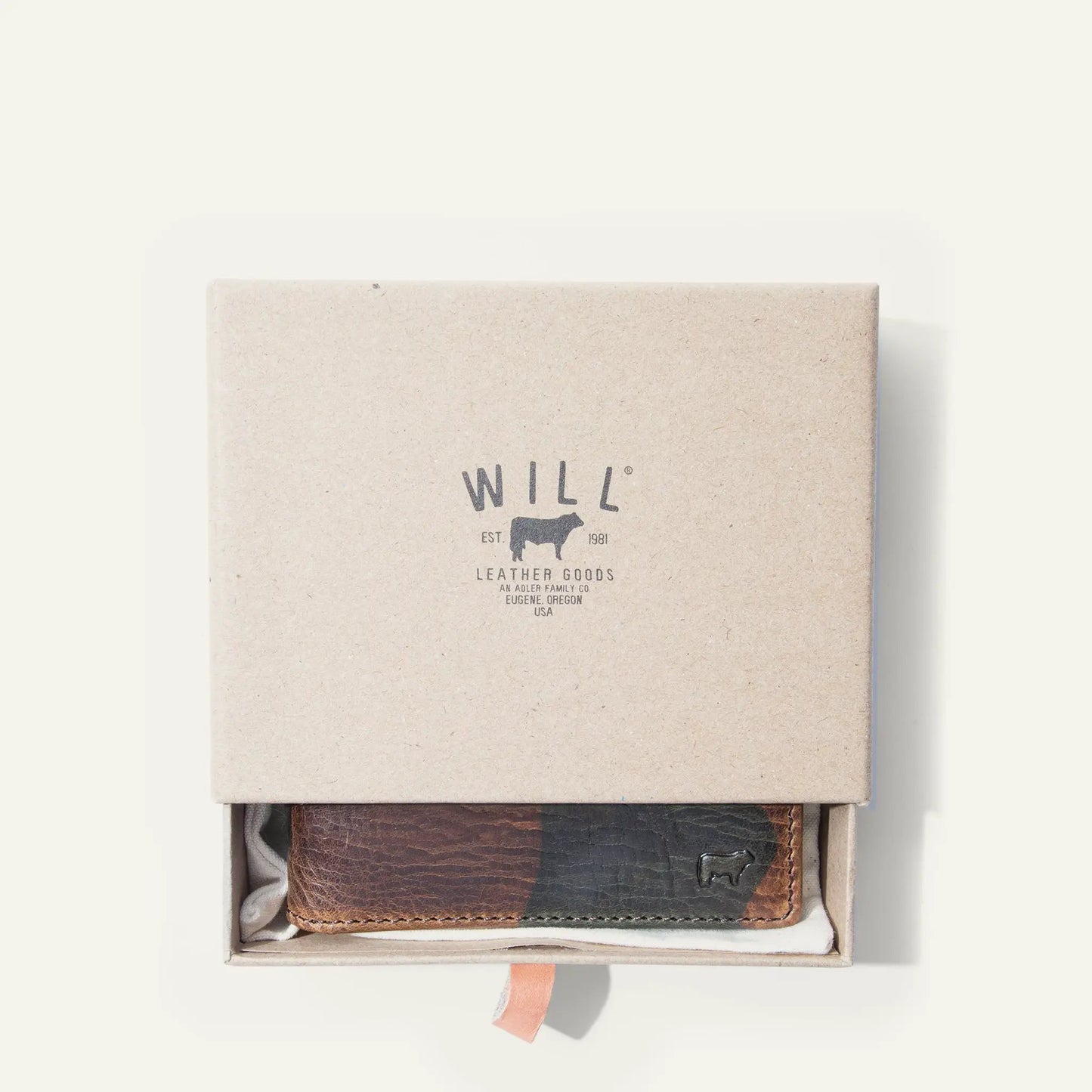 Military Camouflage Billfold Wallet by Will Leather Goods; boxed with brown patchwork wallet on Tampa Home & Garden Store