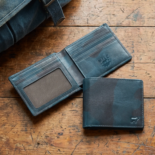 Military camouflage calfskin billfold wallet by Will Leather Goods, blue camo, card slots on Tampa Home & Garden Store