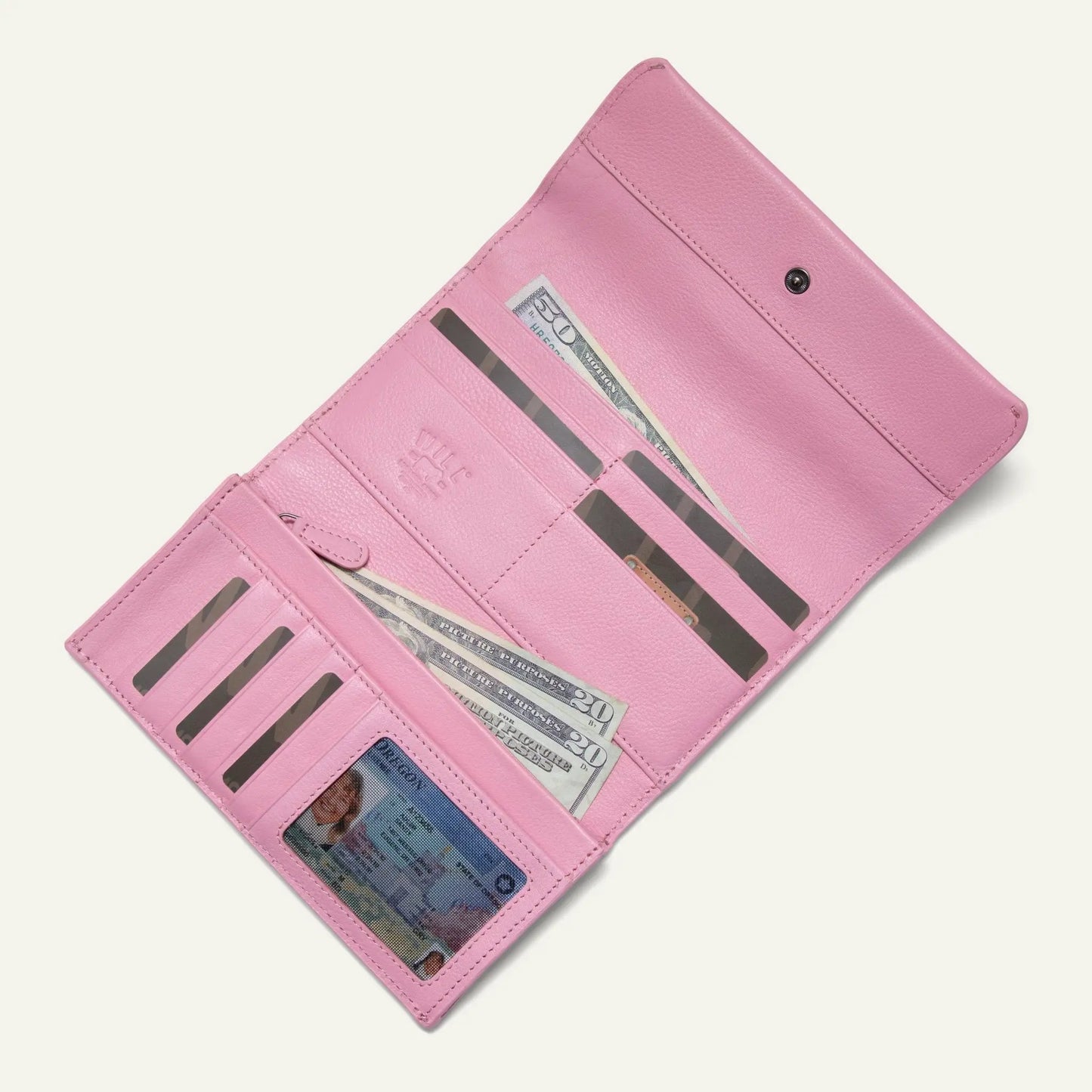 Will Leather Goods Italian Leather Clutch Wallet pink with card slots and clear ID window on Tampa Home & Garden Store
