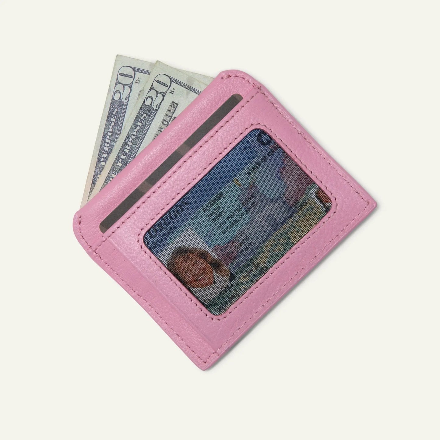Italian Leather Card Case pink leather with clear ID window and card slots on Tampa Home & Garden Store