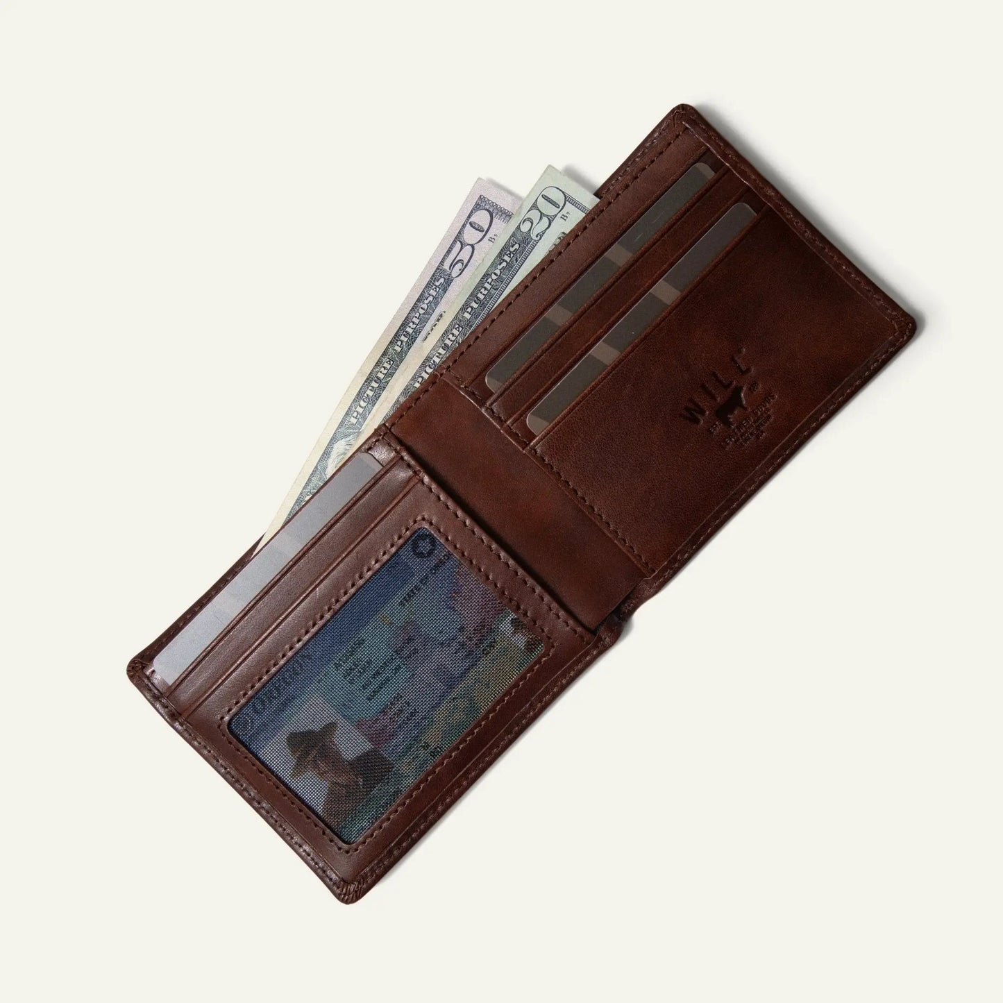 Billfold Noir leather wallet with five card slots by Will Leather Goods brown cash visible on Tampa Home & Garden Store