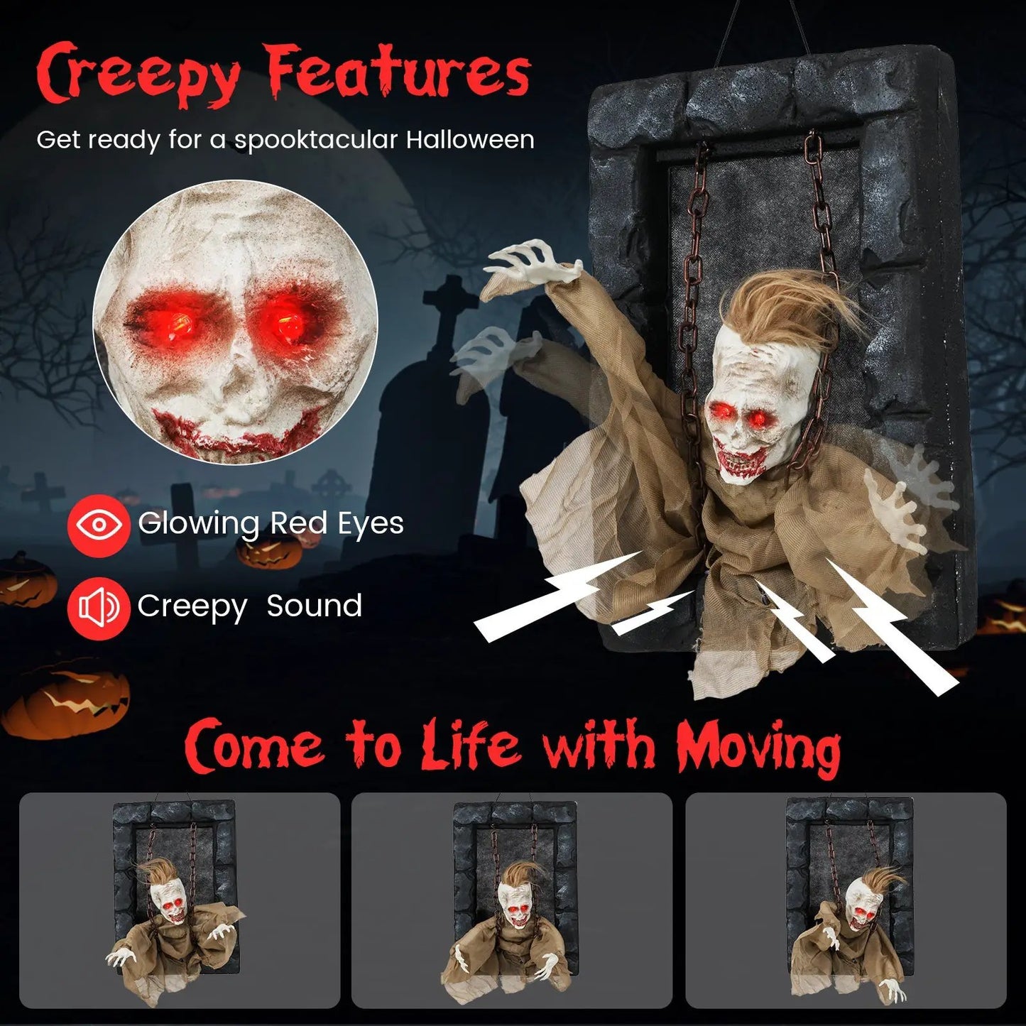 Halloween Hanging Zombie Prisoner Decoration by DirectDeals with red eyes and sound motion on Tampa Home & Garden Store