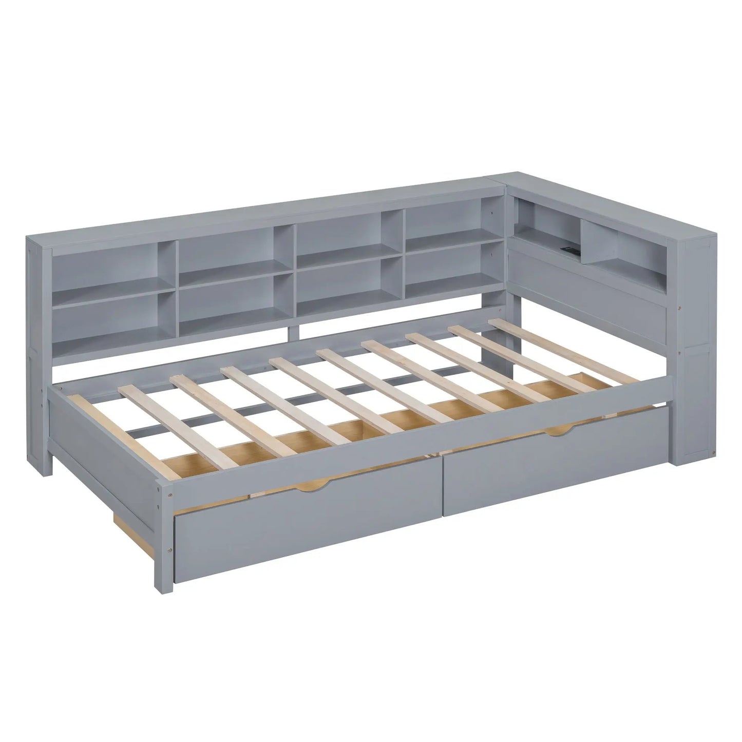 Wooden twin daybed in gray with 2 drawers, USB ports and built-in cubby shelves on Tampa Home & Garden Store