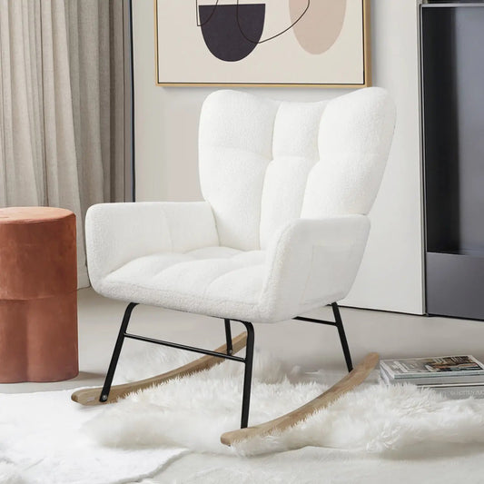White teddy-fabric rocking chair with high back, wood rockers and black metal legs on Tampa Home & Garden Store
