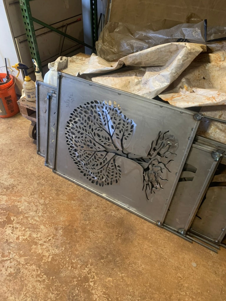 Metal privacy screen Tree of Life art, steel panels with cutout tree, Rustica Ornamentals on Tampa Home & Garden Store