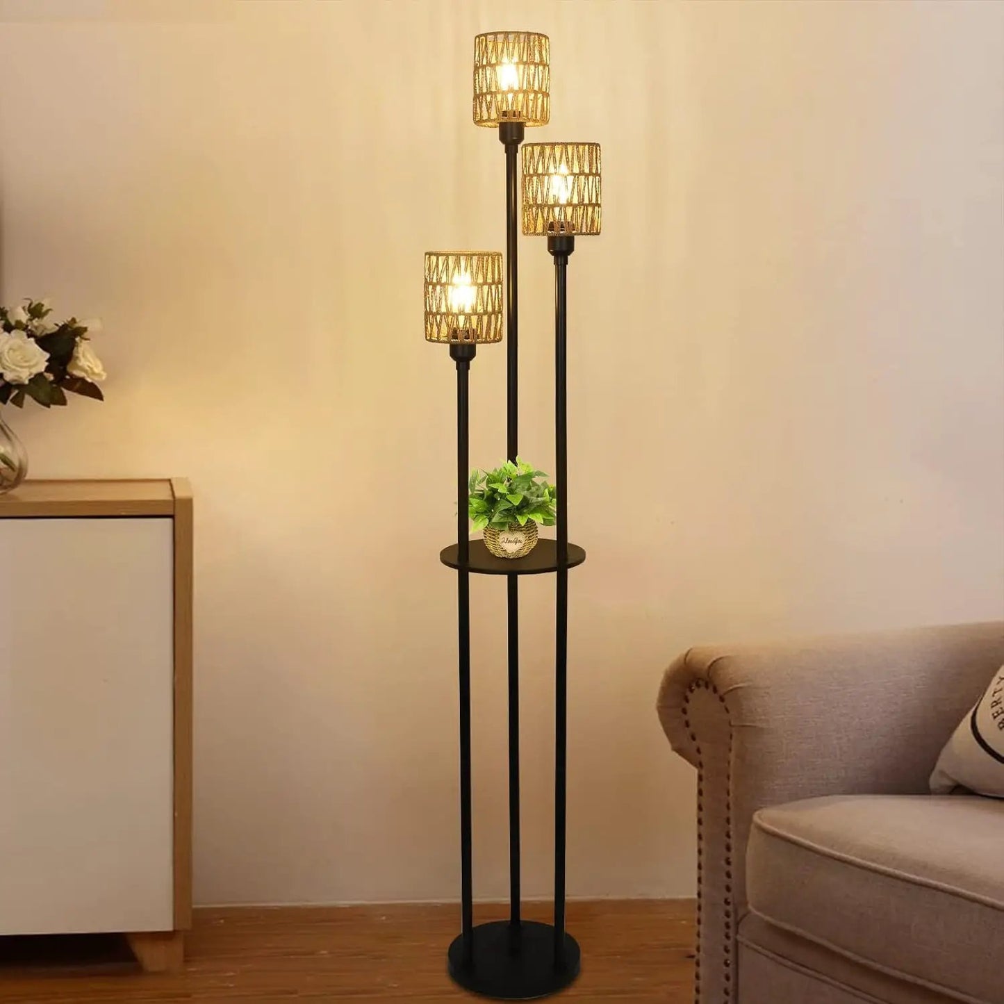 Boho Floor Lamp with Shelves 3 Lights Farmhouse