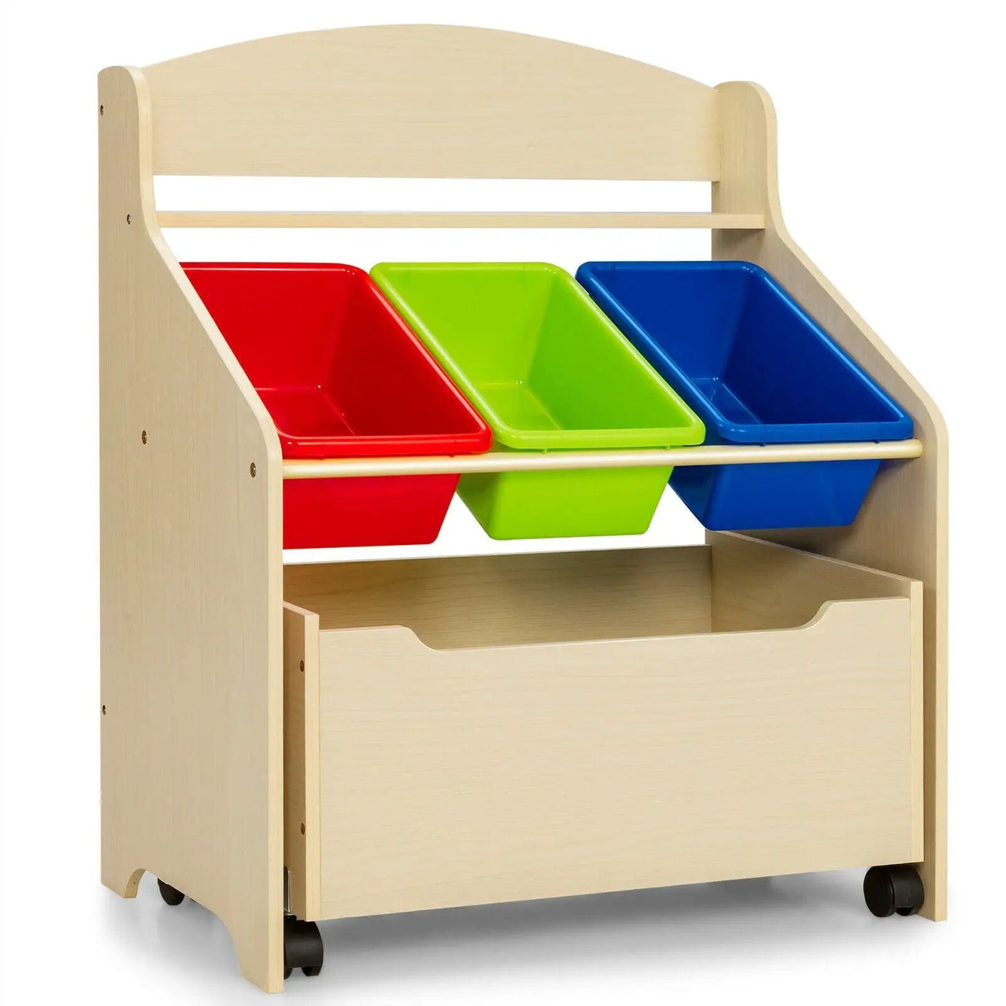 Kids wooden toy storage unit with rolling toy box and three colorful plastic bins red green blue on Tampa Home & Garden Store