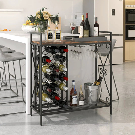 21 Bottle Wine Rack with Glass Holder freestanding metal rack with wood top on Tampa Home & Garden Store