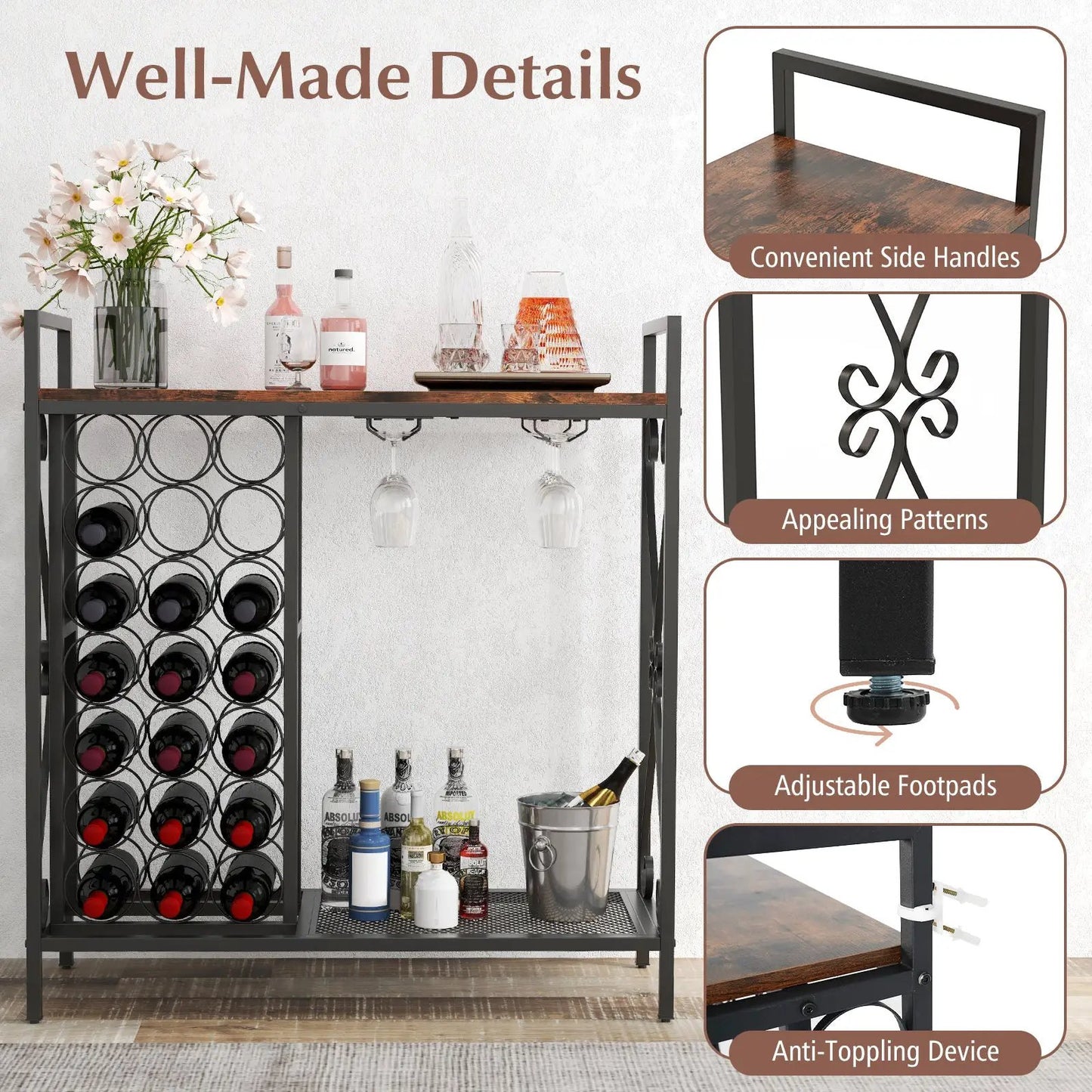 21 Bottle Wine Rack Freestanding Floor Wine Bottle Organizer with Glass Holder-Rustic Brown - Tampa Home & Garden Store