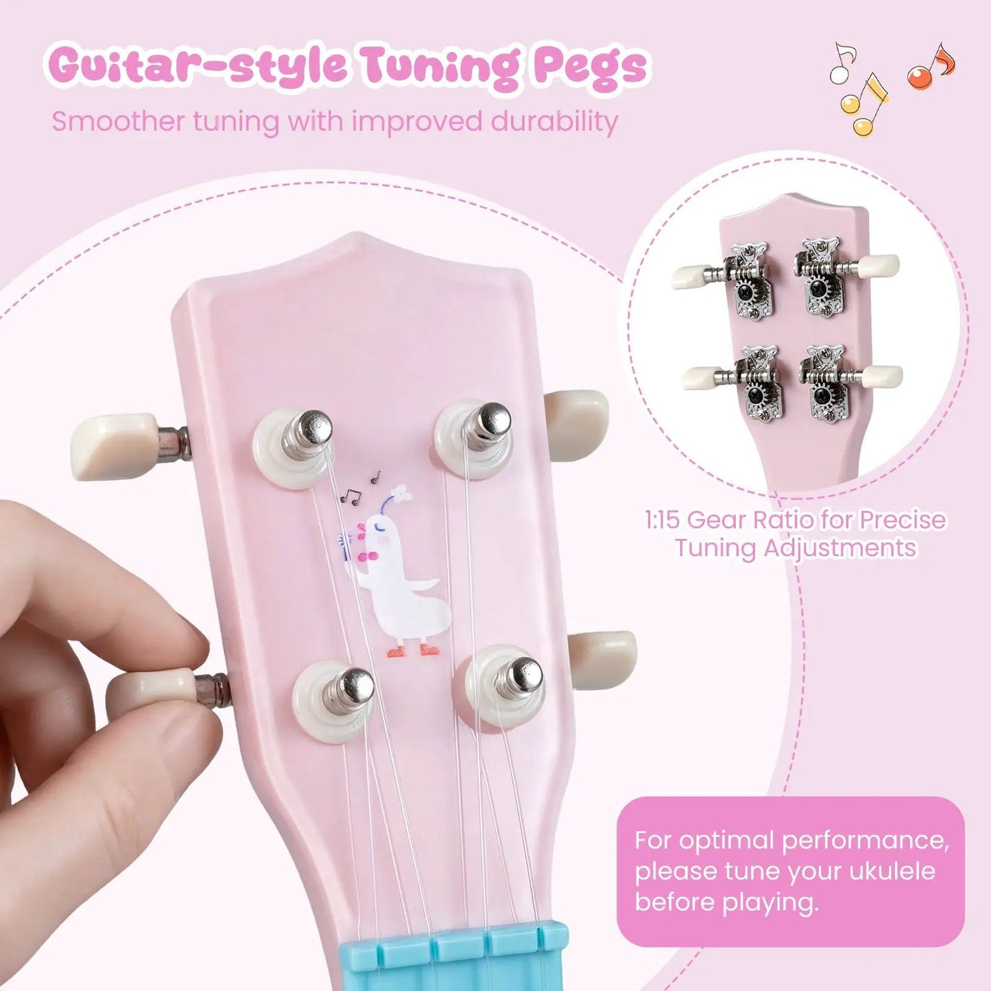 Pink 21-inch children's ukulele with nylon strings, four tuning pegs, unicorn decal on body on Tampa Home & Garden Store