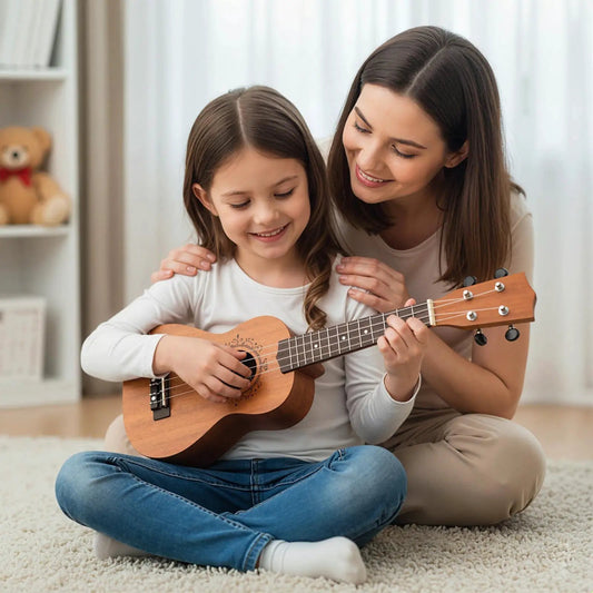 21 inch soprano mahogany ukulele set with strap, a smiling woman guiding a child on Tampa Home & Garden Store
