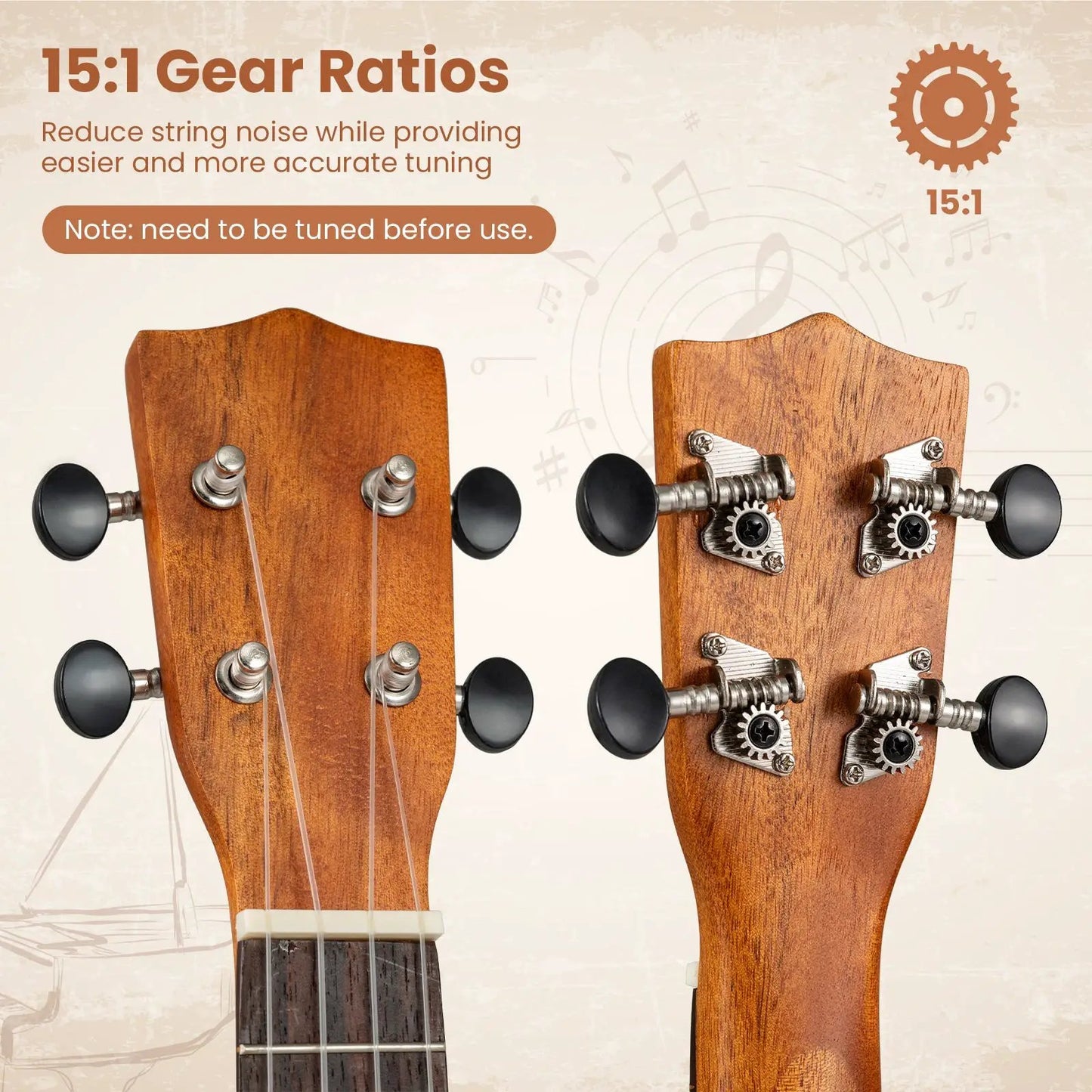 21 Inch Soprano Mahogany Ukulele Set with Strap; two headstocks and visible tuners on Tampa Home & Garden Store