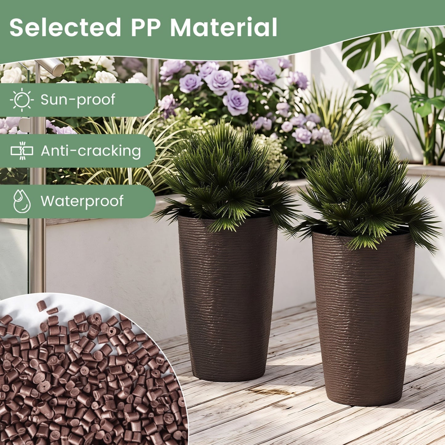 Round plastic planters set of 2, 21-inch tall brown textured pots with drainage on Tampa Home & Garden Store
