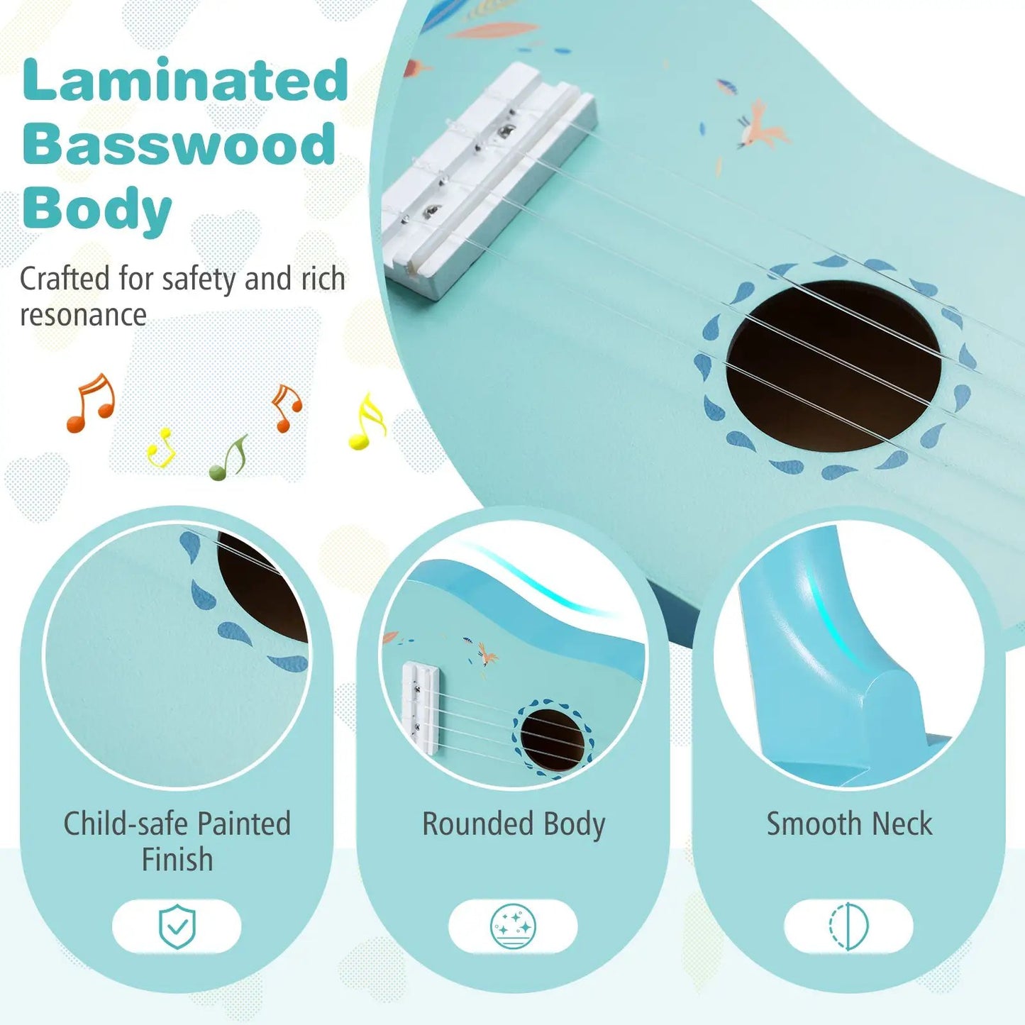 21 Inch Kids Soprano Ukulele with basswood body in turquoise finish smooth neck on Tampa Home & Garden Store
