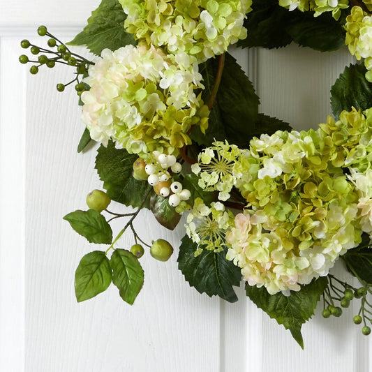 22 Inch Artificial Hydrangea Wreath by Nearly Natural pale-green blooms and berry accents on Tampa Home & Garden Store