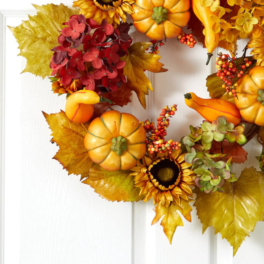 22-inch hydrangea pumpkin wreath by Nearly Natural with yellow leaves and orange pumpkins on Tampa Home & Garden Store