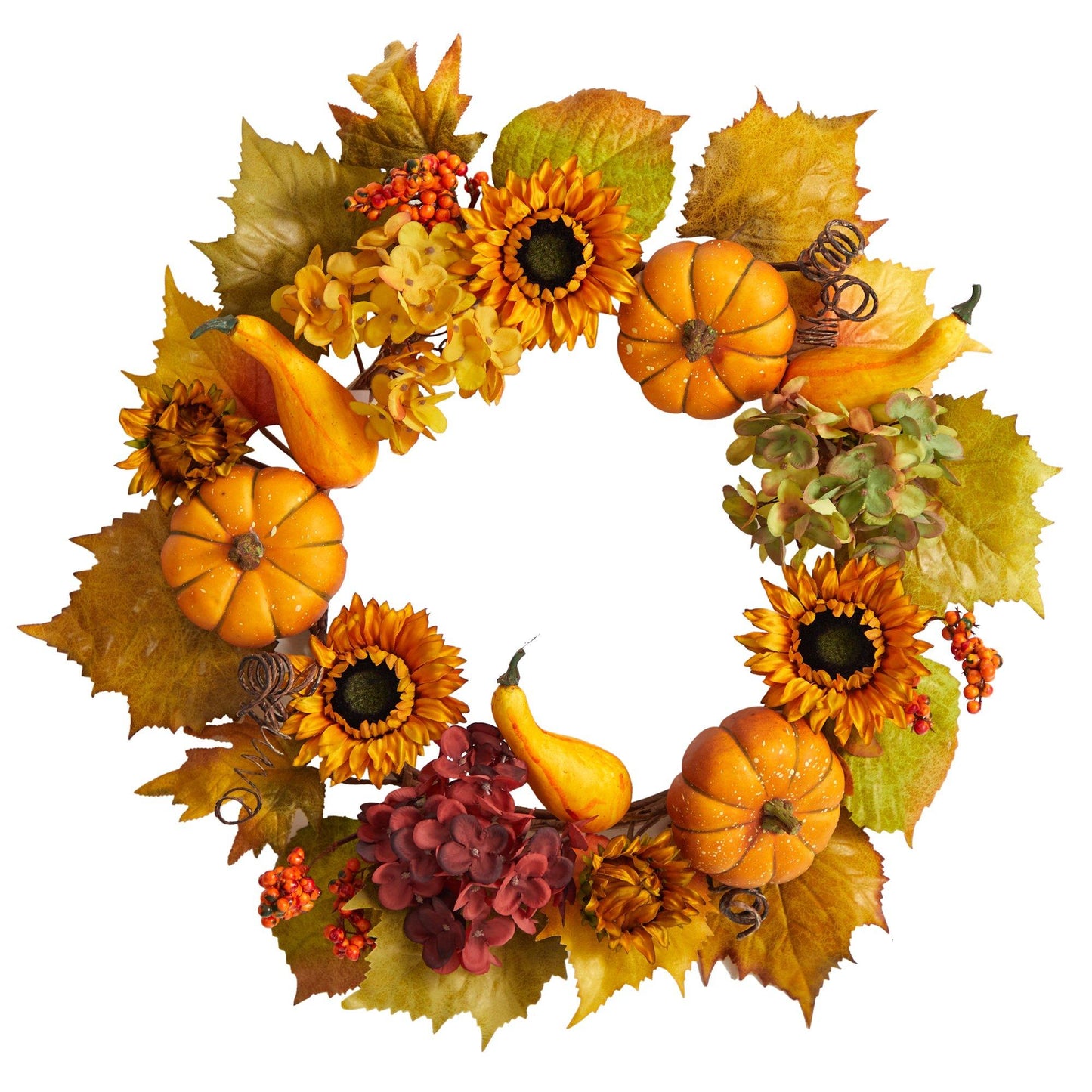 22” Autumn Hydrangea, Pumpkin and Sunflower Artificial Fall Wreath - Tampa Home & Garden Store