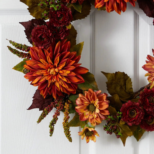 Wreath 22 inch Dahlia & Mum with autumn orange and red blooms Nearly Natural on Tampa Home & Garden Store