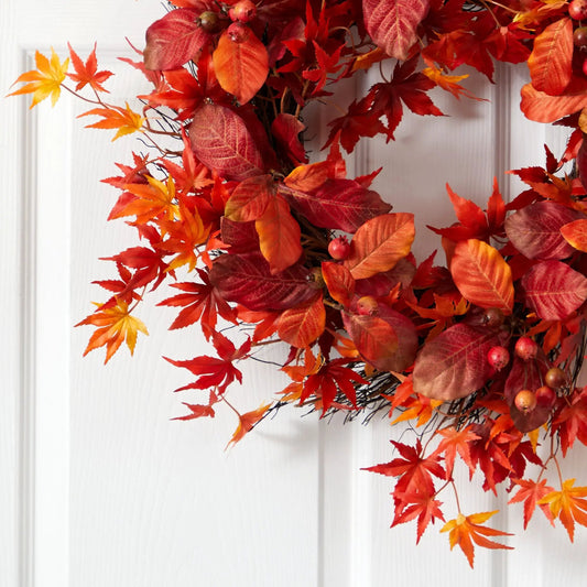 Wreath 22 in Nearly Natural Japanese Maple Magnolia Berry Leaves, artificial autumn red foliage on Tampa Home & Garden Store