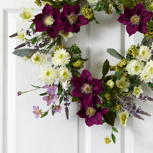 22-Inch Mixed Flower Wreath with Green Foliage featuring magenta and cream blooms artificial Nearly Natural on Tampa Home & Garden Store