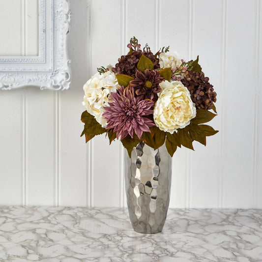 Peony Hydrangea and Dahlia arrangement in a silver vase with cream and burgundy blooms on Tampa Home & Garden Store