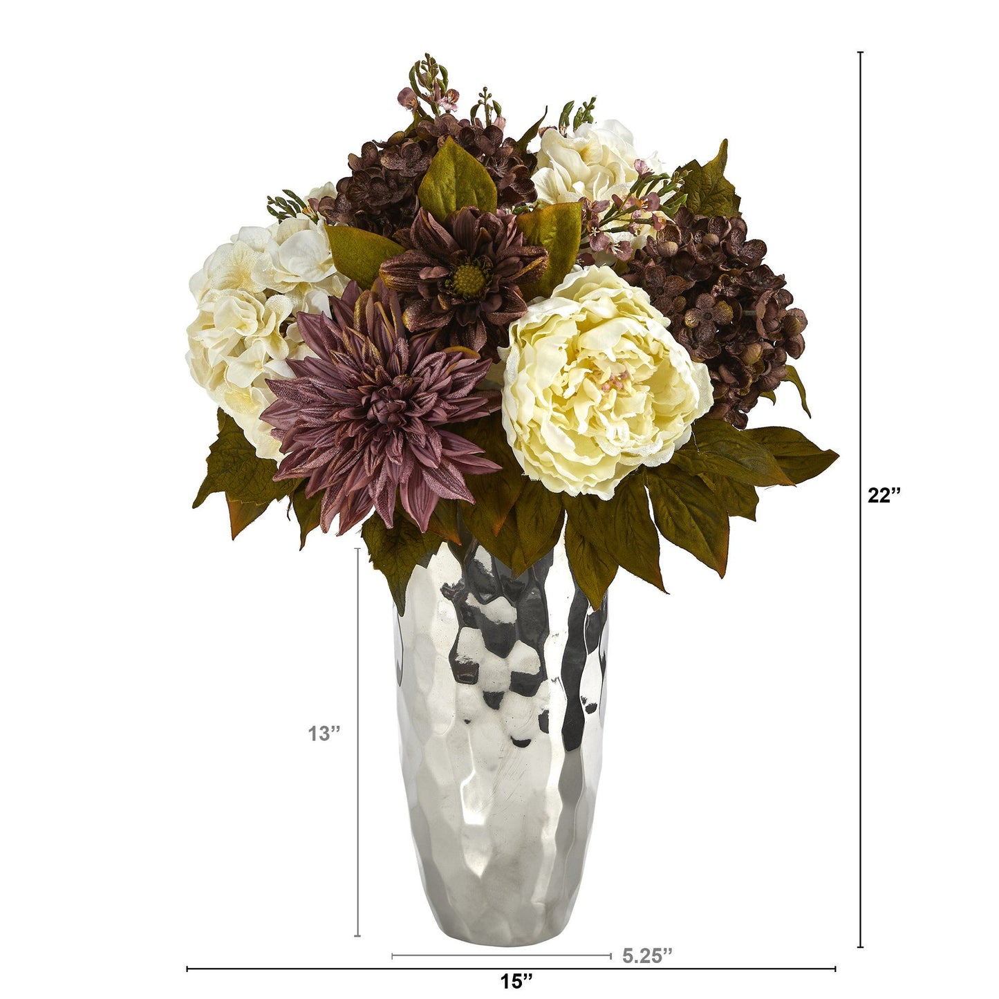 22” Peony, Hydrangea and Dahlia Artificial Arrangement in Silver Vase - Tampa Home & Garden Store