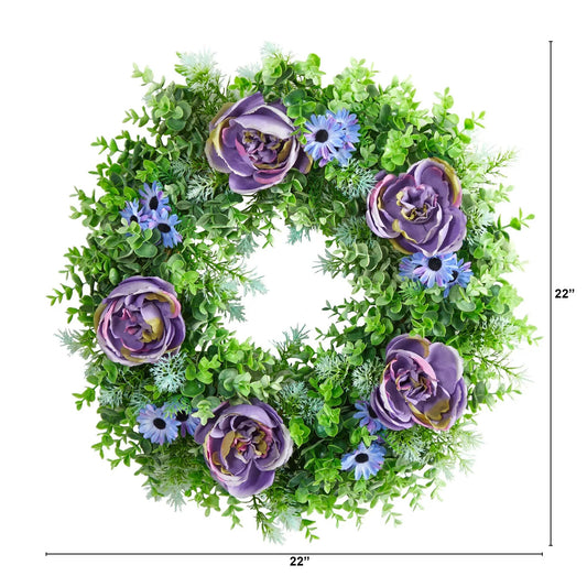 Purple rose and blue daisy artificial wreath with green foliage, 22 in, Nearly Natural on Tampa Home & Garden Store