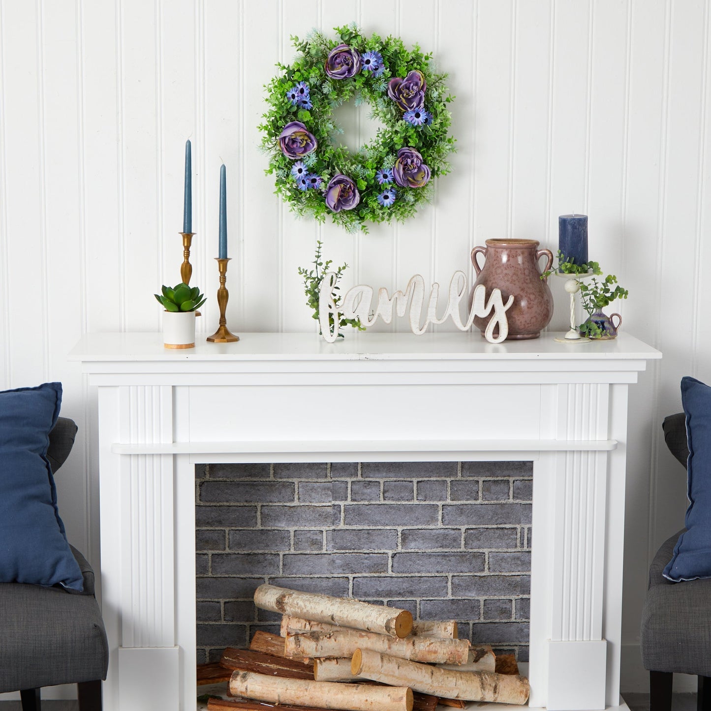 22” Purple Rose, Blue Daisy and Greens Artificial Wreath - Tampa Home & Garden Store