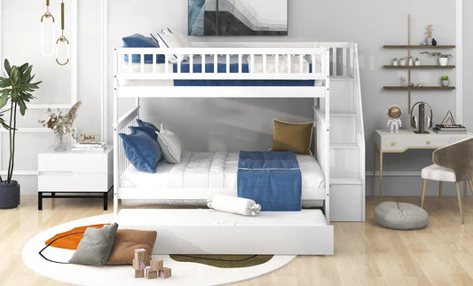 Full over Full bunk bed with built-in staircase and trundle, white finish on Tampa Home & Garden Store