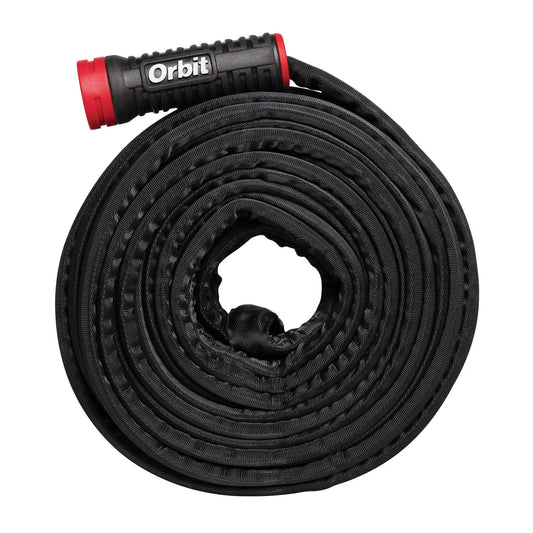 Heavy Duty Fabric Garden Hose 100 ft Orbit Irrigation, anti-kink fabric hose with red ends on Tampa Home & Garden Store