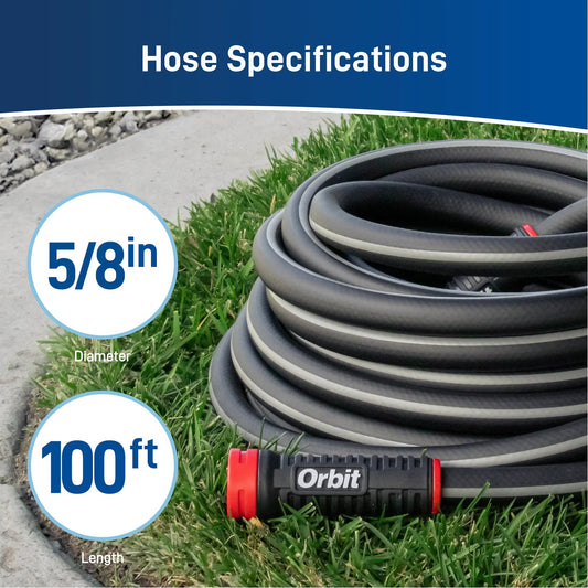 Orbit Pro Polyfusion Hose 100 ft 5/8 in coiled garden hose with Orbit Irrigation branding on Tampa Home & Garden Store