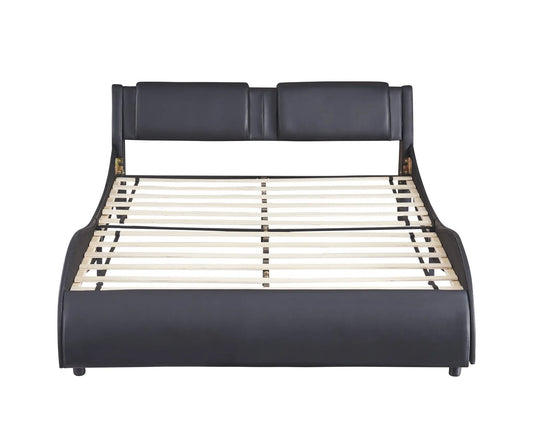 Queen upholstered faux leather platform bed frame in black with slatted foundation on Tampa Home & Garden Store